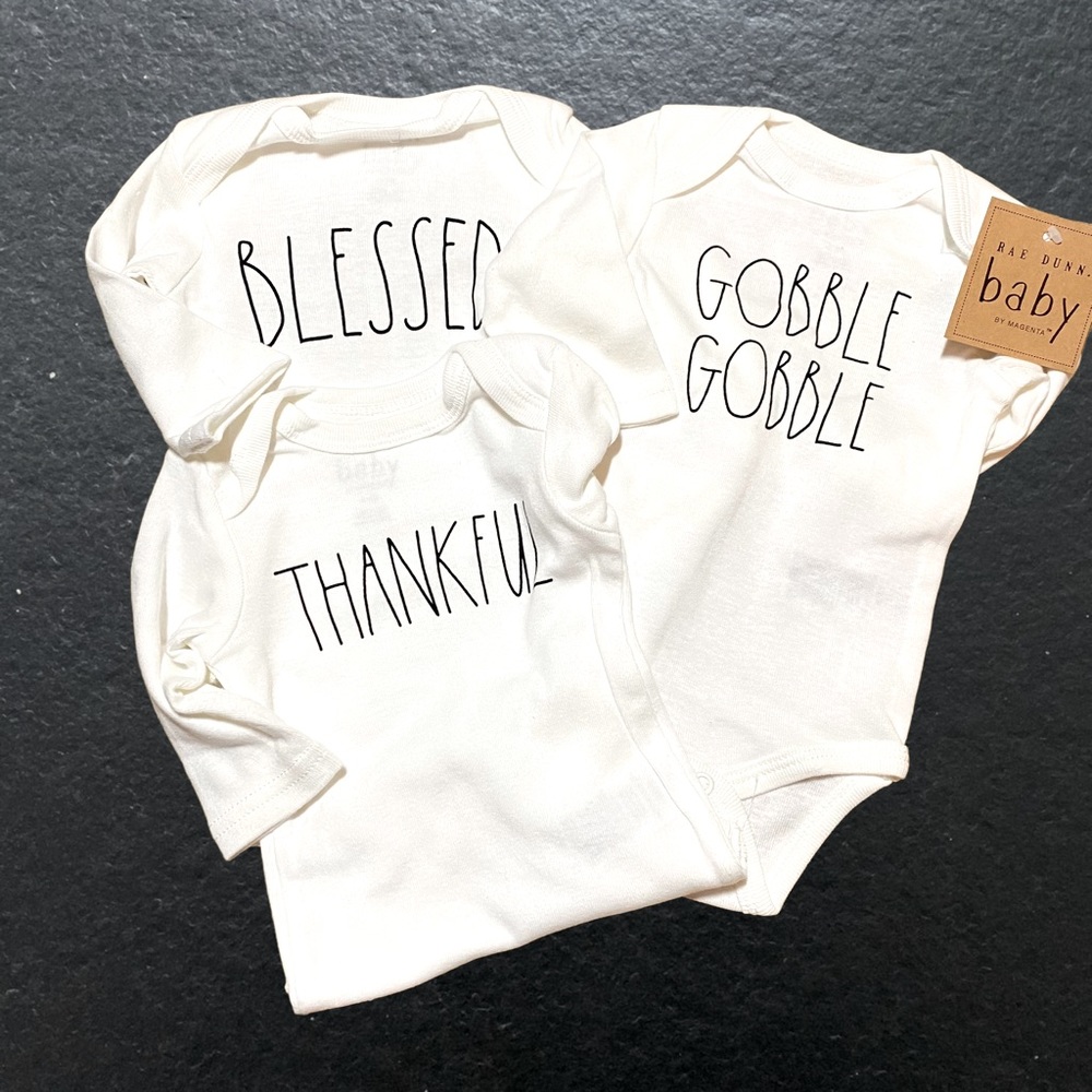 RAE DUNN 0-3 m Newborn Baby’s First Thanksgiving Onesies Bodysuits 3 Pack Gobble